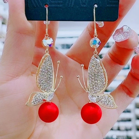 🎀18k/925 Sparkling Butterfly Red Pearl Drop - Picture 2 of 5